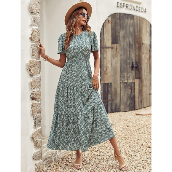 Women's Floral Print Long Dress Summer Short Sleeve Designer Style Boho Dress M - Picture 1 of 12